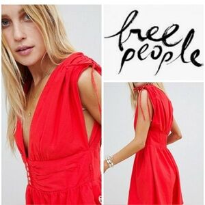 Free People Red Mini Dress Small | Linen Blend V-Neck Fit & Flare Boho